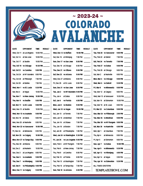 Colorado Avalanche 2024 Schedule Cele Meggie