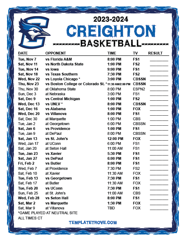 Printable 2023-2024 Creighton Bluejays Basketball Schedule