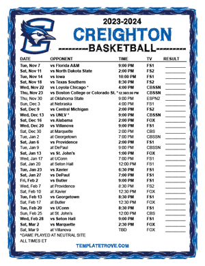 Creighton Bluejays Basketball 2023-24 Printable Schedule