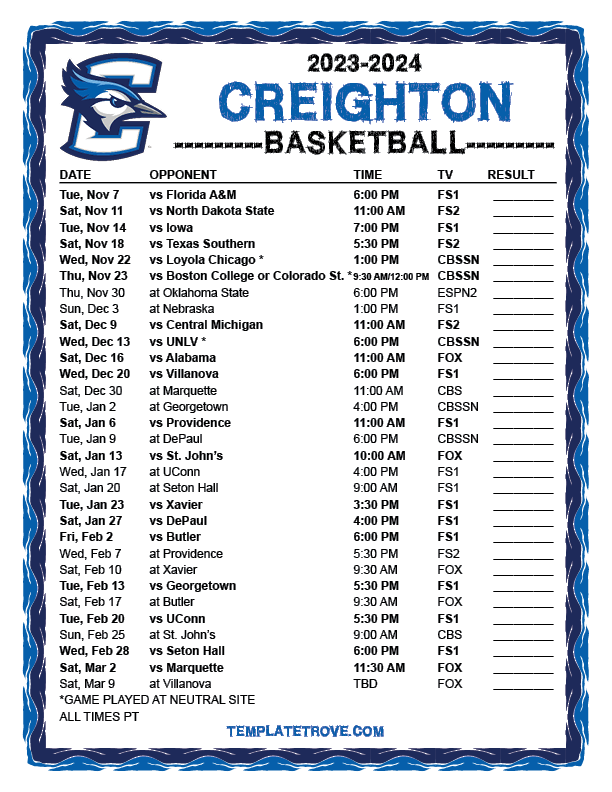 Printable 20232024 Creighton Bluejays Basketball Schedule