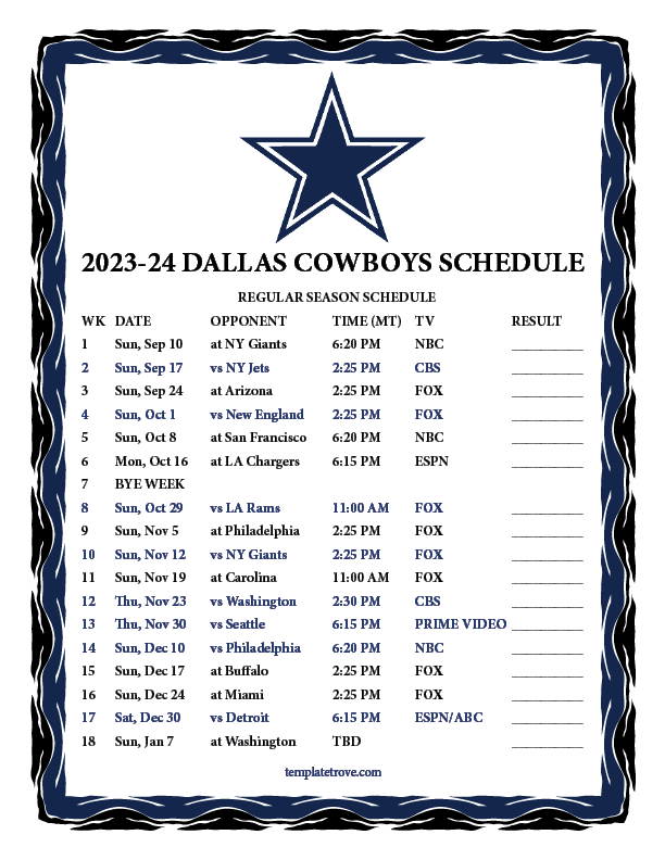 2023 2024 Printable Dallas Cowboys Schedule MT PNG 