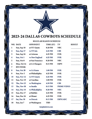 Dallas Cowboys 2023-24 Printable Schedule