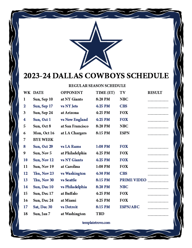 Dallas Cowboys Schedule 2024 Printable Carte Identite