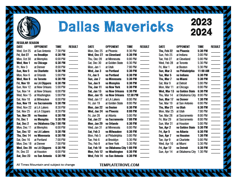 Printable 20232024 Dallas Mavericks Schedule