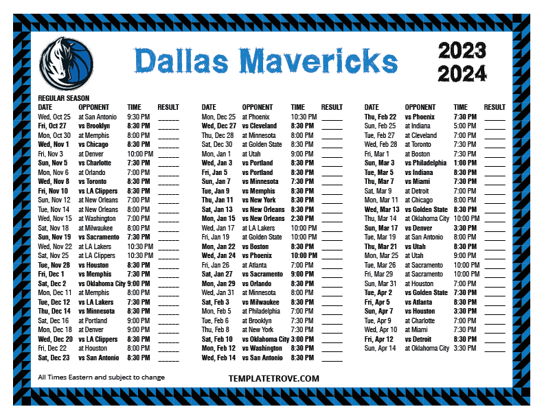 2023 2024 Printable Dallas Mavericks Schedule 