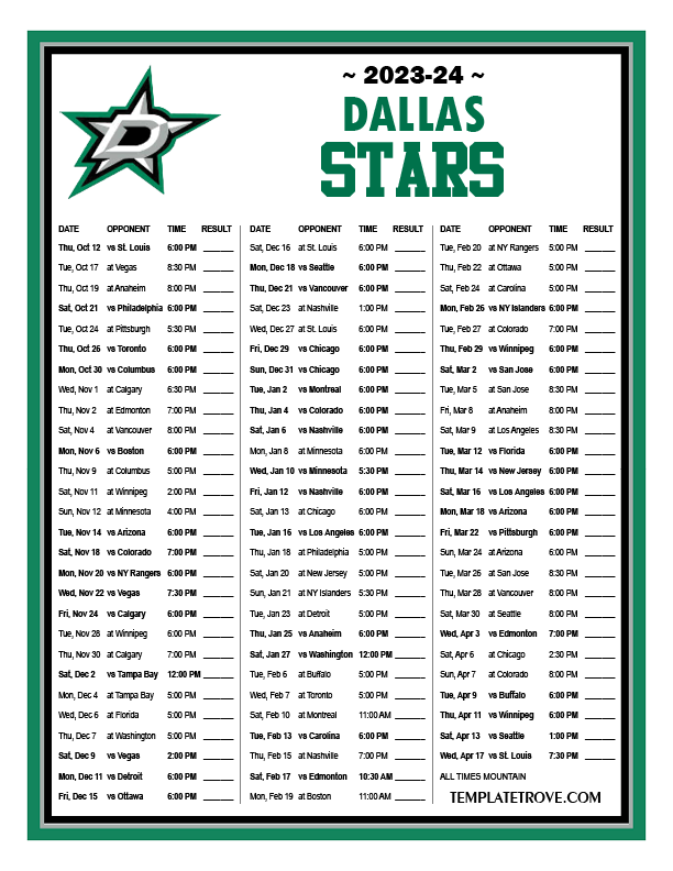 2023 2024 Printable Dallas Stars Schedule MT PNG 