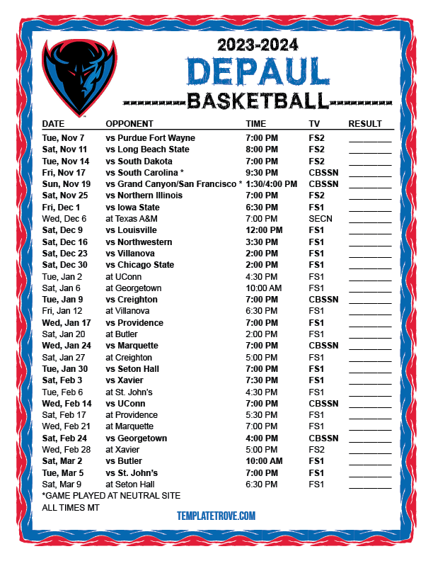 Printable 20232024 DePaul Blue Demons Basketball Schedule