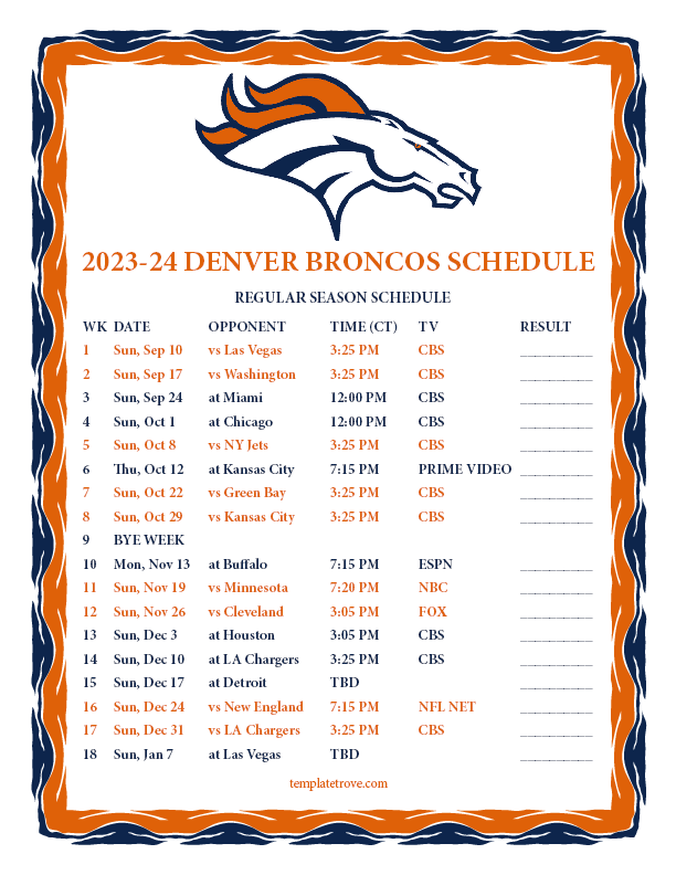 Denver Broncos 2024 Schedule Printable Riva Verine