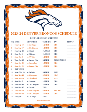 Denver Broncos 2023-24 Printable Schedule - Pacific Times