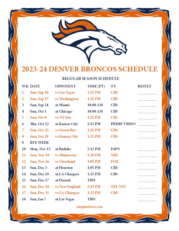 Printable 2023-2024 Denver Broncos Schedule