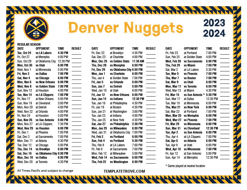 2023 2024 Printable Denver Nuggets Schedule Pacific Times 