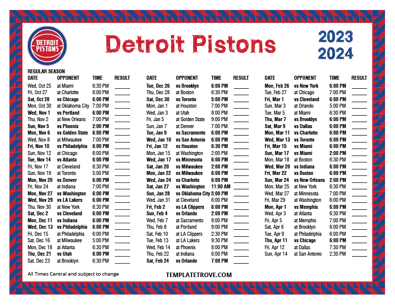 Printable 20232024 Detroit Pistons Schedule
