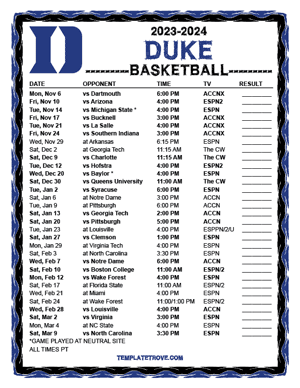 Duke Blue Devils Basketball 2023-24 Printable Schedule - Pacific Times