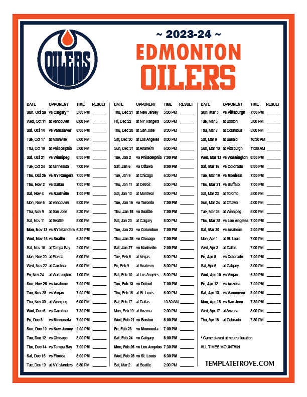 Printable 20232024 Edmonton Oilers Schedule