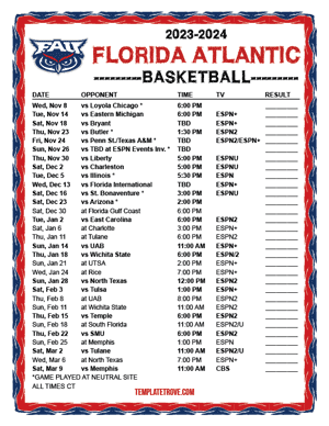 Florida Atlantic Owls Basketball 2023-24 Printable Schedule - Central Times