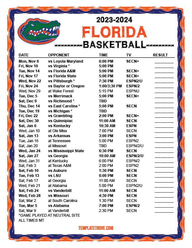 Printable 20232024 Florida Gators Basketball Schedule