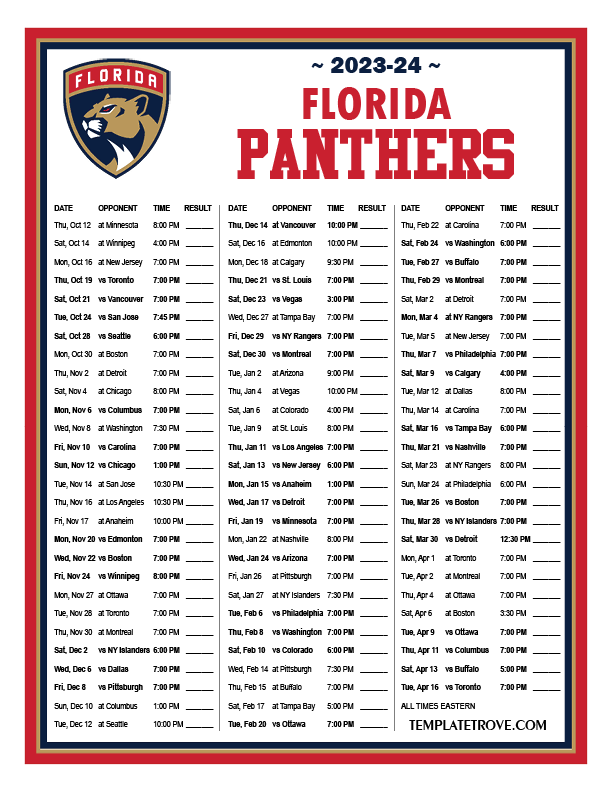 2023 2024 Printable Florida Panthers Schedule ET PNG 