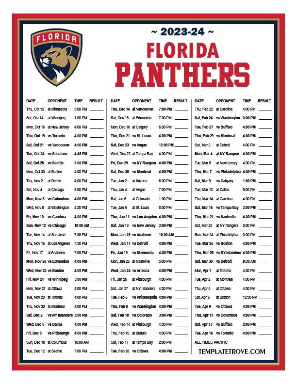 2023 2024 Printable Florida Panthers Schedule PT PNG 