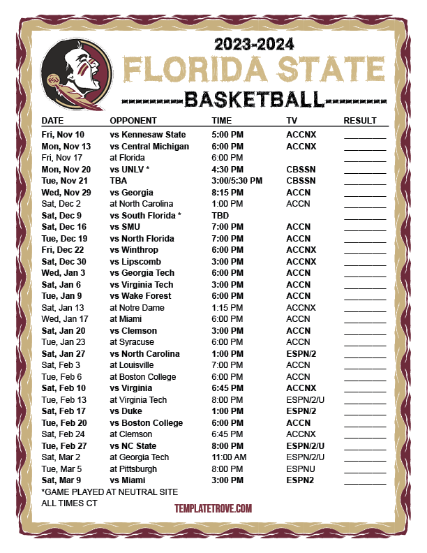 Printable 20232024 Florida State Seminoles Basketball Schedule