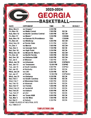 Georgia Bulldogs Basketball 2023-24 Printable Schedule