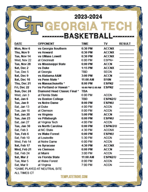 Georgia Tech Yellow Jackets Basketball 2023-24 Printable Schedule - Central Times