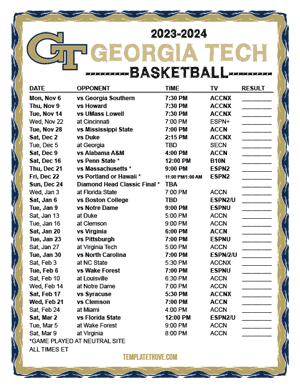 2023-24 Printable Georgia Tech Yellow Jackets Basketball Schedule