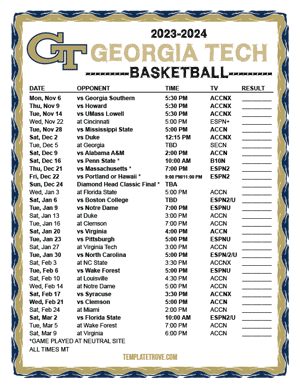 Georgia Tech Yellow Jackets Basketball 2023-24 Printable Schedule - Mountain Times