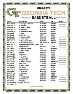Georgia Tech Yellow Jackets Basketball 2023-24 Printable Schedule - Pacific Times