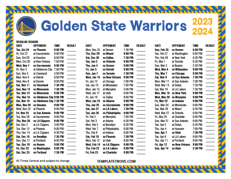 2023 2024 Printable Golden State Warriors Schedule Central Times 