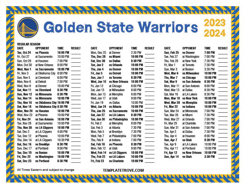 Printable 2023-2024 Golden State Warriors Schedule