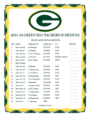 Green Bay Packers 2023-24 Printable Schedule