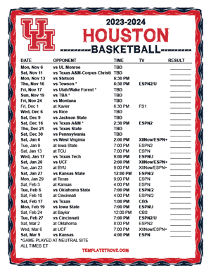 Houston Cougars Basketball 2023-24 Printable Schedule