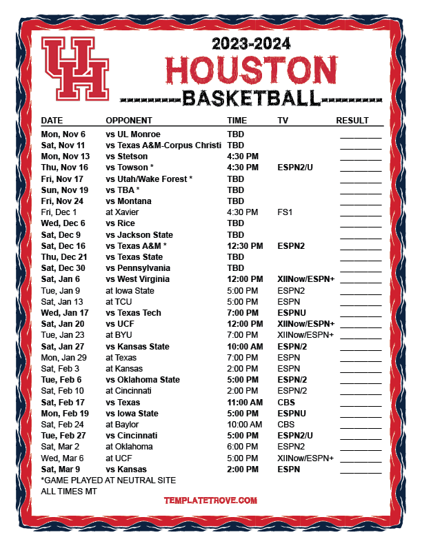 Printable 2023-2024 Houston Cougars Basketball Schedule
