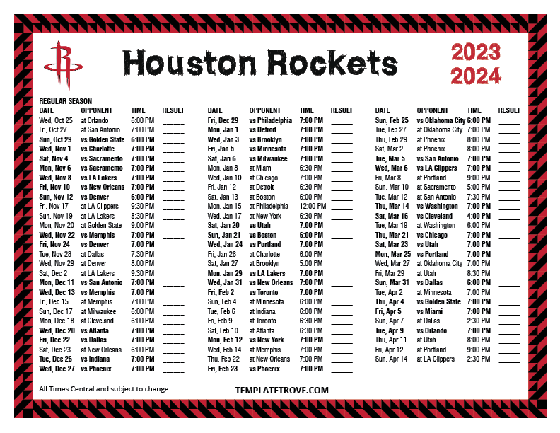 Printable 20232024 Houston Rockets Schedule