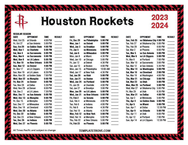 Printable 20232024 Houston Rockets Schedule