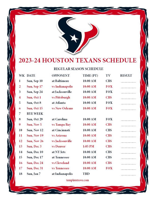 Printable 20232024 Houston Texans Schedule