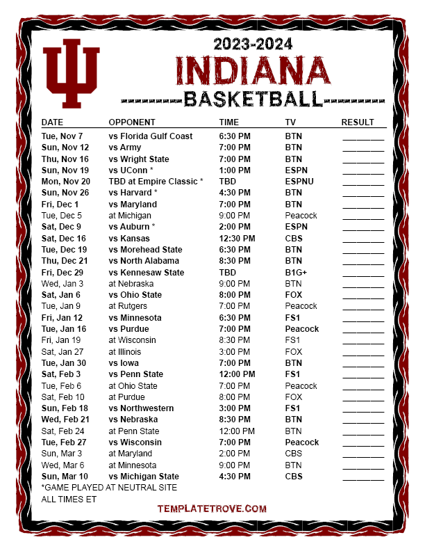 Printable 20232024 Indiana Hoosiers Basketball Schedule