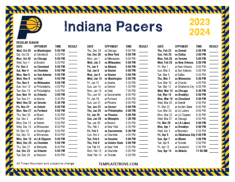 Printable 2023-2024 Indiana Pacers Schedule