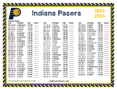 Indiana Pacers 2023-24 Printable Schedule