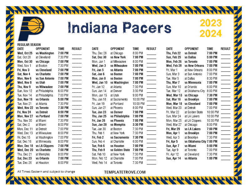 Printable 20232024 Indiana Pacers Schedule