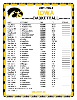 Iowa Hawkeyes Basketball 2023-24 Printable Schedule