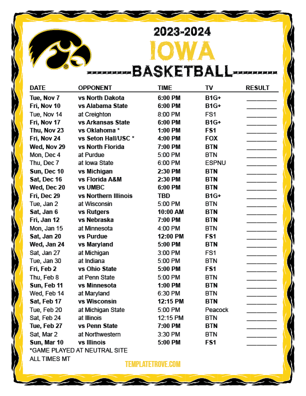 2023 2024 Printable Iowa Hawkeyes Basketball Schedule Full MT 