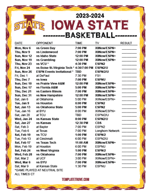 Iowa State Cyclones Basketball 2023-24 Printable Schedule - Central Times