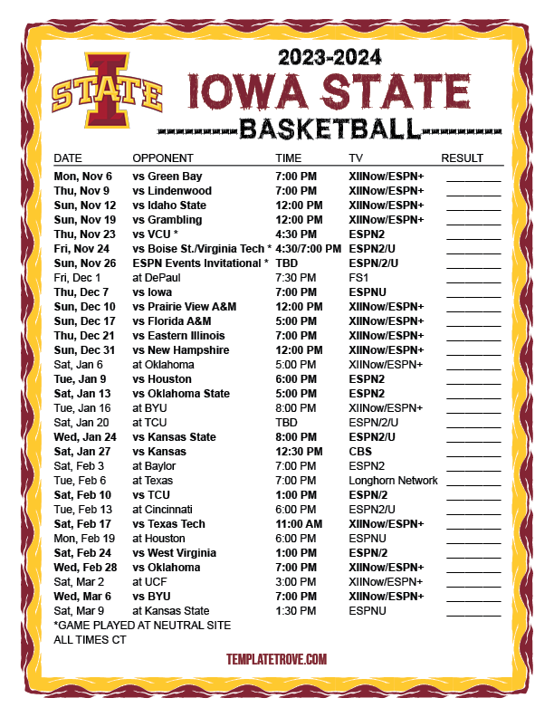 2023 2024 Printable Iowa State Cyclones Basketball Schedule Full CT 