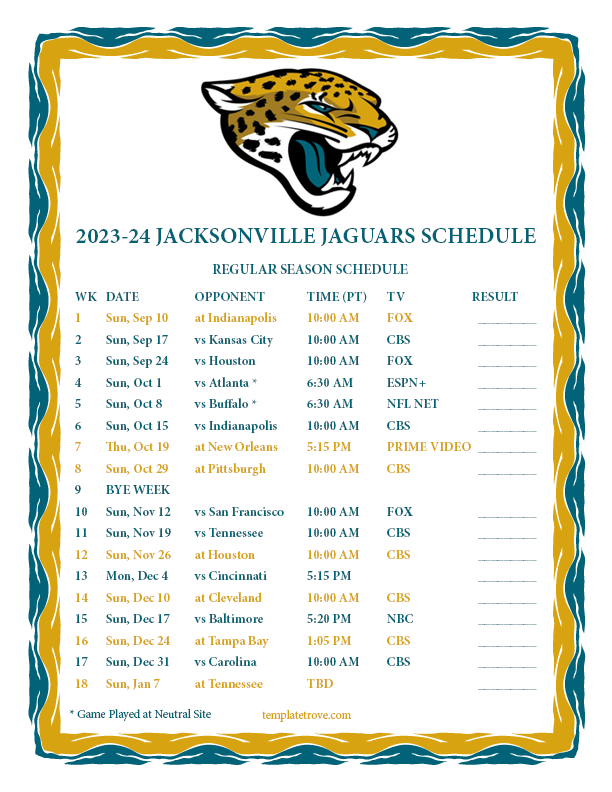 Printable 20232024 Jacksonville Jaguars Schedule