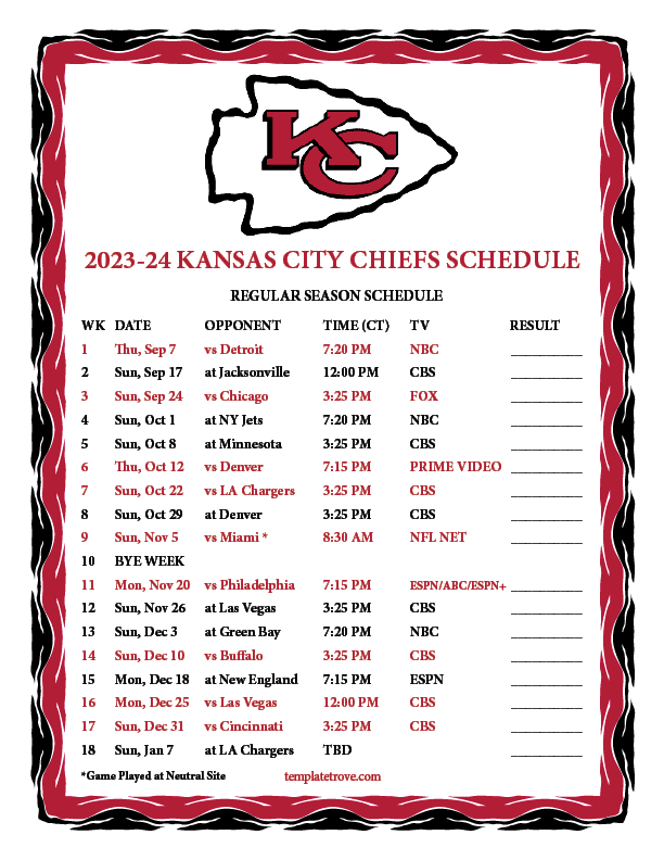 Chiefs Schedule 2024 Printable May Lanita