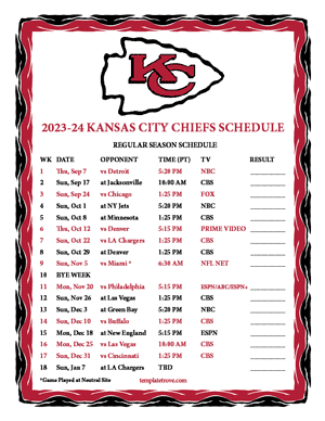 Kansas City Chiefs 2023-24 Printable Schedule - Pacific Times