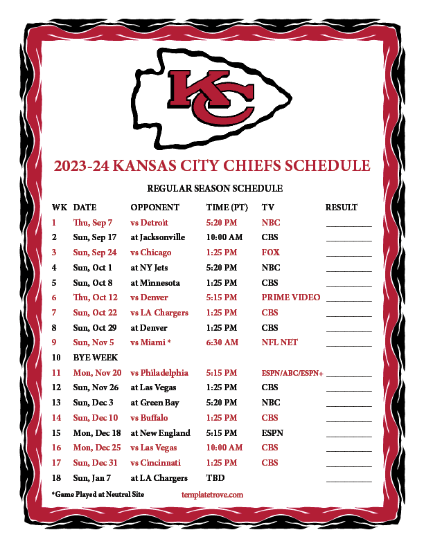 Kansas City Chiefs 2024 Printable Schedule Niki Teddie
