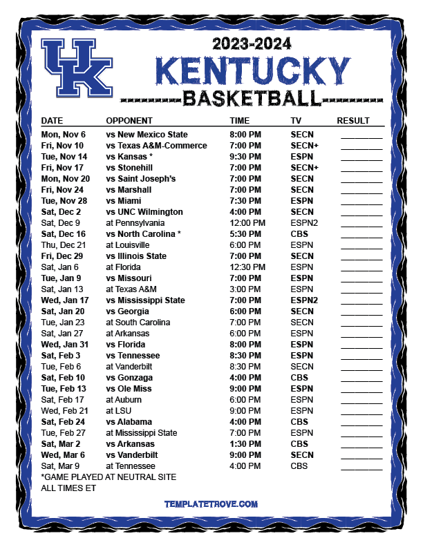 2023 2024 Printable Kentucky Wildcats Basketball Schedule Full ET 