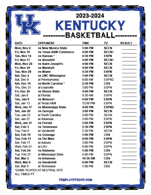 Kentucky Wildcats Basketball 2023-24 Printable Schedule - Pacific Times